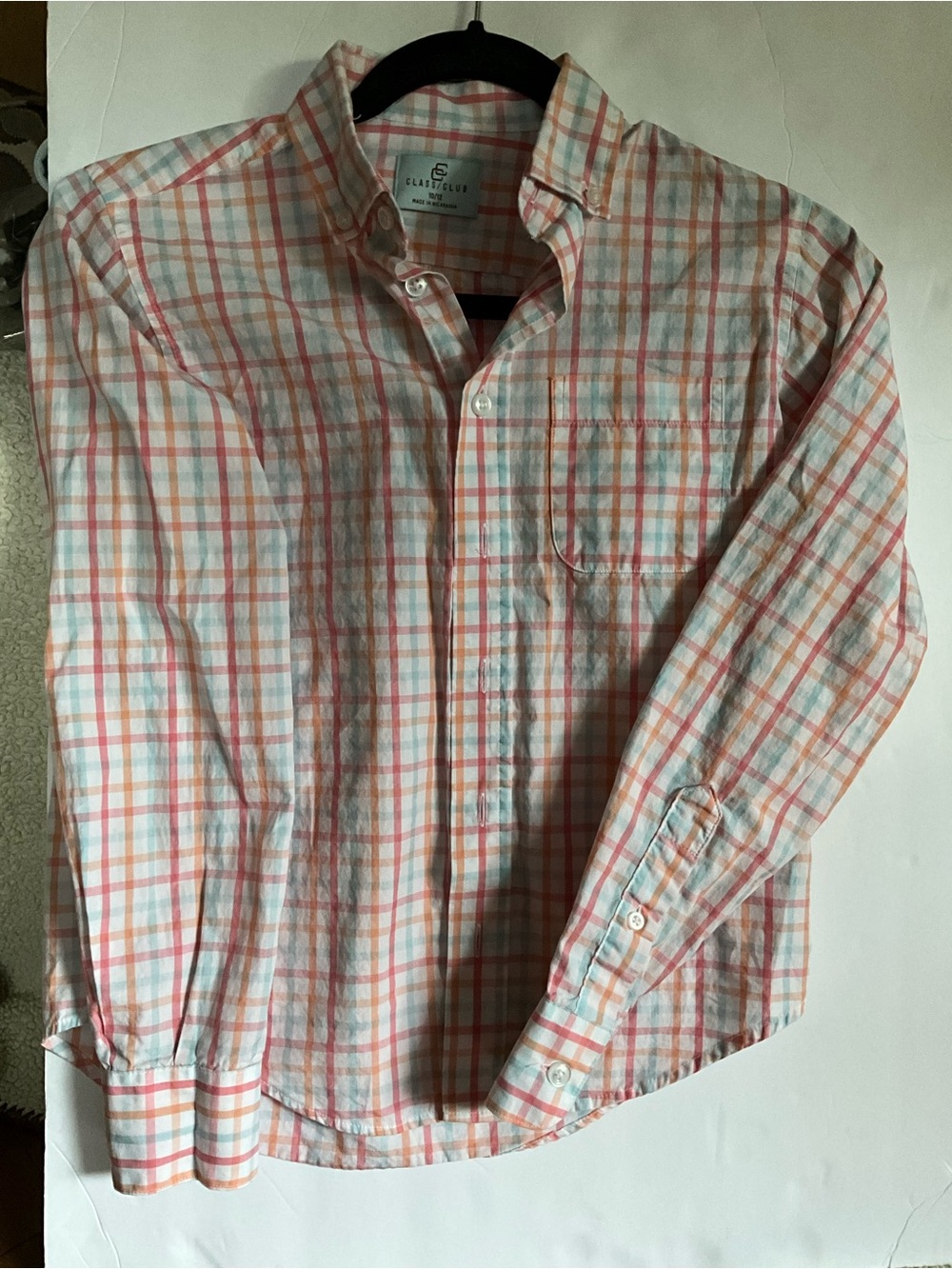Class Club Boy’s Casual Button-Down Plaid Shirt in Coral & Light Blue SZ 10/12